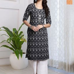 HERE&NOW Selection Of 2 Ethnic Motifs Printed Round Neck Straight Kurta-image-70