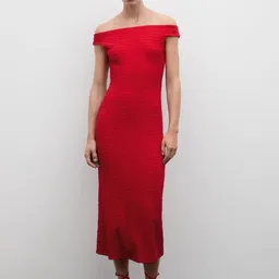 MANGO Off-Shoulder Seersucker Bodycon Midi Dress-12
