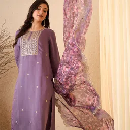 Royal Export Floral Embroidered Thread Work Straight Kurta With Trousers & Dupatta-picture-40
