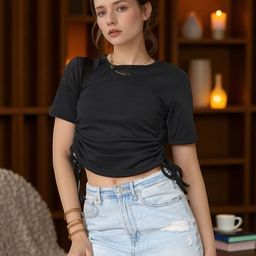 ZEUGEN Women Solid Striped Short Sleeves Crop Top-image-0
