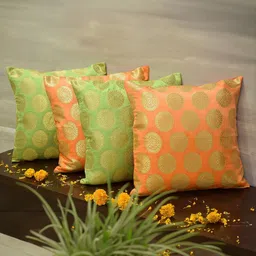 RoyalDeco Orange & Green 4 Pieces Ethnic Motifs Brocade Square Cushion Covers-image-73