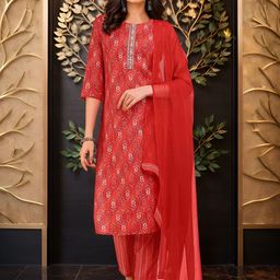 Banwaree Women Bandhani Printed Regular Thread Work Kurta with Trousers & With Dupatta-image-3