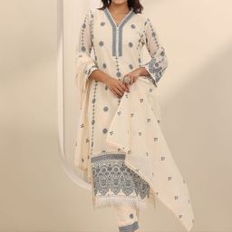 Libas Women Floral Embroidered Panelled Thread Work Kurta with Trousers & With Dupatta-picture-11
