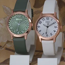VIRAKTI Women Pack of 2 Patterned Dial&Leather Strap Analogue Watch F-74-GREEN-WHITE-COMBO-image-37