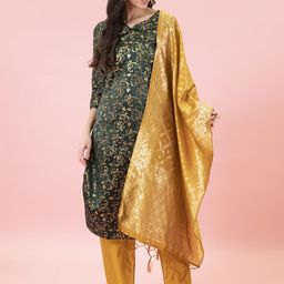 VredeVogel Women Floral Woven Design Notched Round Neck Zari Kurta with Trousers & Dupatta-image-62