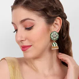 Manuvi Jewels Elegant Green & White Enamel Floral Jhumka Earrings-20