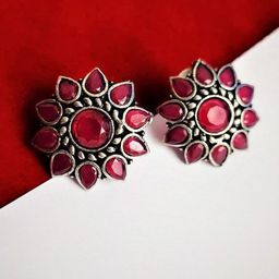 Yash Jewels Emporiums Silver-Plated Artificial Stones Studded Oxidized Floral Shaped Studs-image-10