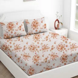 Star Weaves Brown & White Floral 200 TC King Bedsheet with 2 Pillow Covers-75