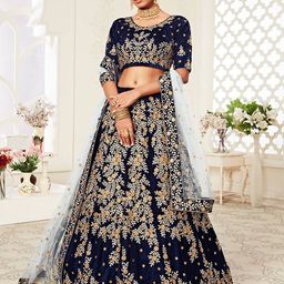 ETHNIC PLUS Embroidered Velvet Semi-Stitched Lehenga With Unstitched Blouse & Dupatta-image-100