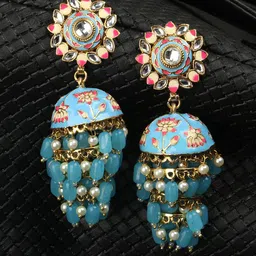 Anouk Turquoise Blue Gold Plated Stones and Beads Dome Shaped Meenakari Jhumkas-picture-26