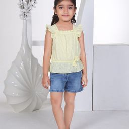 Peppermint Girls Self Design Square Neck schiffli Top with Denim Shorts-image-57