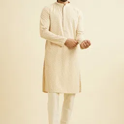 Manyavar Floral Embroidered Chikankari Mandarin Collar Straight Kurta with Pyjamas-image-30
