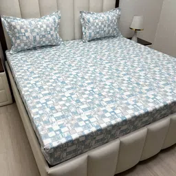 Pure Decor Blue & White Geometric 250 TC Queen Bedsheet with 2 Pillow Covers-image-77