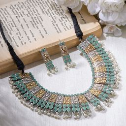 Priyaasi Silver Plated Mint Oxidized Pearl Ethnic Necklace & Earrings-picture-41