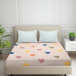 Nivasam Cream-Coloured Printed Cotton 400 TC Fitted King Bedsheet Set 1.98 x 1.82 m-image-93