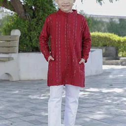 Stuffie Land Boys Striped Embroidered Sequnnied Pure Cotton Kurta With Pyjamas-51