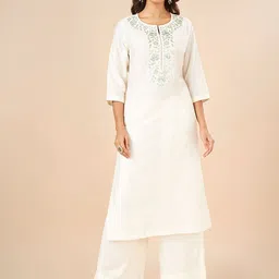 RANGMANCH BY PANTALOONS Floral Yoke Design Notch Neck Straight Kurta-36