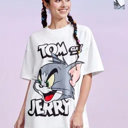 TOM AND JERRY by Dreambe Women 2 Printed V-Neck Extended Sleeves Monochrome Applique T-shirt-image-30