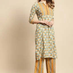 Anouk Beige Floral Printed Mandarin Collar Pure Cotton Straight Kurta With Palazzo-27