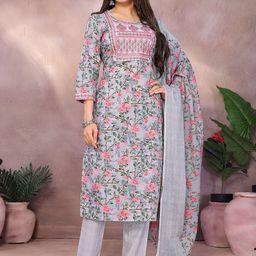 Rangita Women Floral Embroidered Thread Work Kurta with Trousers & With Dupatta-image-1