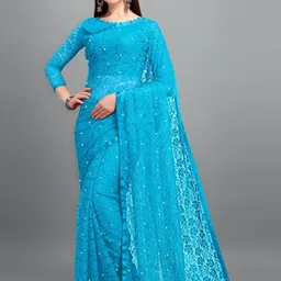 LOROFY Floral Embroidered Lightweight Net Brasso Saree with Blouse Piece-picture-17