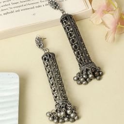 VIVAZS Silver-Plated Stone Studded Dome Shaped Oxidized Jhumkas-56