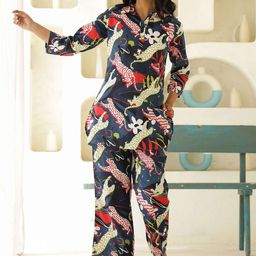 FLAVIA CREATION Abstract Printed Shirt Collar Neck Pure Cotton Top With Trousers-5