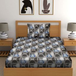 Myntra Elegant Homes Blue & Grey Ethnic Motifs 160 TC Single Bedsheet with 1 Pillow Covers-image-29