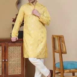 Jompers Geometric Embroidered Mandarin Collar Sequinned Straight Kurta With Pyjamas-picture-17