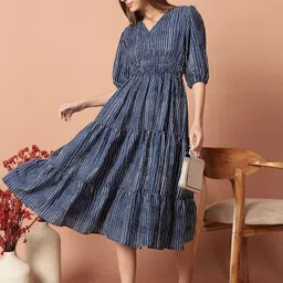 Jash Creation Striped Puff Sleeve Fit & Flare Midi Dress-picture-27