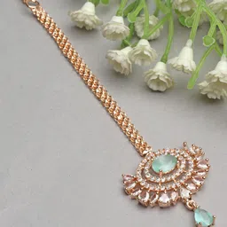 ZENEME Rose Gold-Plated American Diamond Studded Maang Tikka Head Jewellery-image-66