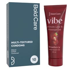 Bold Care Set Of 2 Vibe Strawberry Lube - 50 ml With Multi Textured Condoms - 10Pcs-16