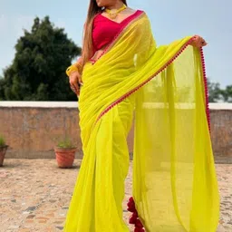 VRAGI Solid Embroidered Border Pure Georgette Saree-picture-20