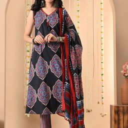 SIJOPA Women Ethnic Motifs Printed Regular Pure Cotton Kurta with Trousers & With Dupatta-image-1