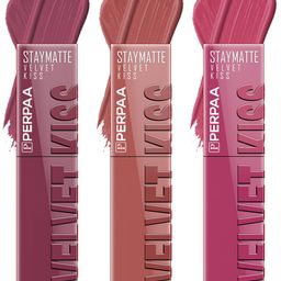 PERPAA Set of 3 Velvet Kiss Waterproof Matte Liquid Lipstick -3.5 ml Each -Shades 04-05-10-14