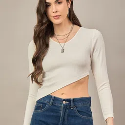 R.Code by The Roadster Life Co. Women Ribbed Round Neck Asymmetric Hem Crop Top-image-16