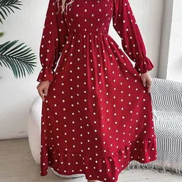 StyleCast x Revolte Women Polka Dot Printed Square Neck Puff Sleeve Fit and Flare Dress-image-19