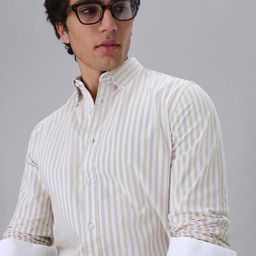 Banana Club Men Beige Cotton Oxford Stripe Shirt-image-55