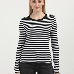 Calvin Klein Jeans Women Striped Drop-Shoulder Sleeves Monochrome Raw Edge Slim Fit T-shirt-image-16