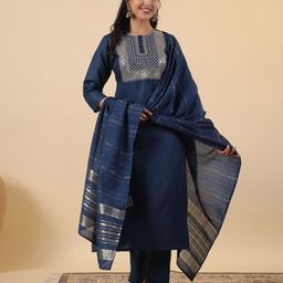 KALINI Women Floral Embroidered Regular Sequinned Pure Cotton Kurta with Trousers & With Dupatta-21