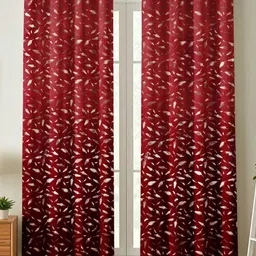 Aura Maroon & Brown 2 Pieces Floral Printed Room Darkening Velvet Door Curtains-picture-15