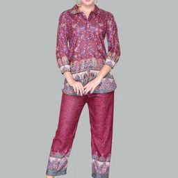 Pink Berry Floral Printed Shirt Collar Shirt With Trousers-picture-39