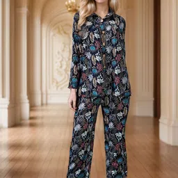 DressBerry Floral Printed Shirt Collar Shirt With Trousers Co-Ords Set-48