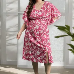 ANJIR Floral Print Batwing Sleeve Crepe A-Line Midi Dress-image-71