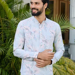 See Designs Printed Mandarin Collar Thread Work Short Kurta-image-12