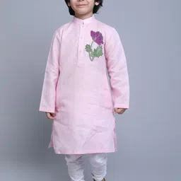 Little Clothings Boys Floral Embroidered Regular Thread Work Linen Kurta with Churidar-picture-11
