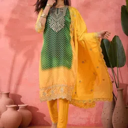 Sangria Bandhani Embroidered Round Neck Straight Kurta With Trousers & Dupatta-picture-2