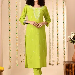 mokshi Floral Embroidered Pure Cotton Straight Kurta With Trouser-image-36
