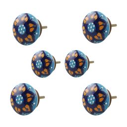 Indianshelf 6-Pcs Blue & Orange Colored Flower Printed Ceramic Knobs-image-53