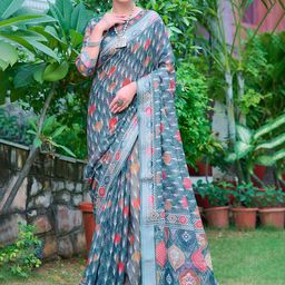 Kalista Geometric Printed Cotton Saree With Unstitched Blouse Piece-picture-11